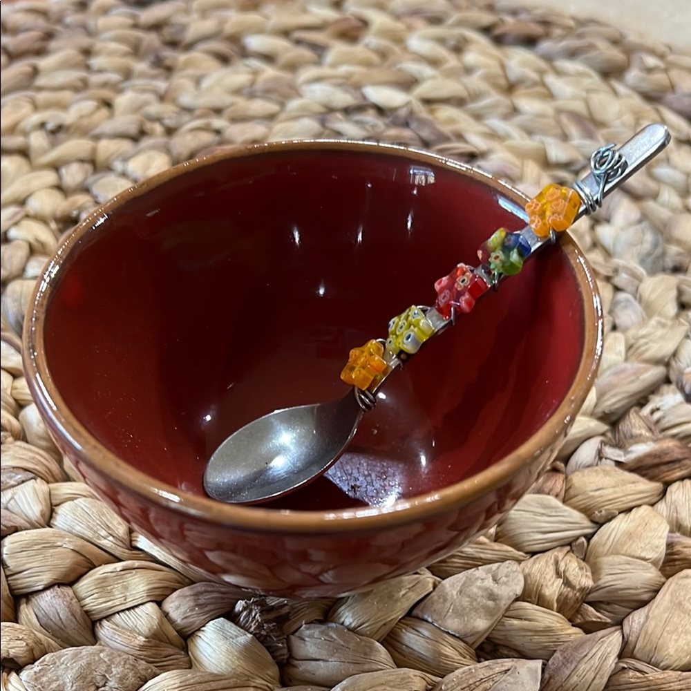 - Red Ceramic Bowl with Beaded Decorative Spoon
